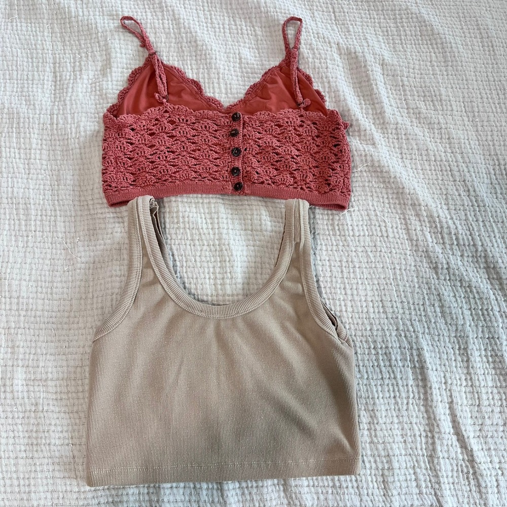 Crochet Cami Ribbed Crop Tank Top Bundle of 2 Womens M Rose Tan Beach Festival - Picture 4 of 13